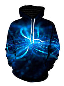 Blue swirls on black pullover hoodie with white strings, front view