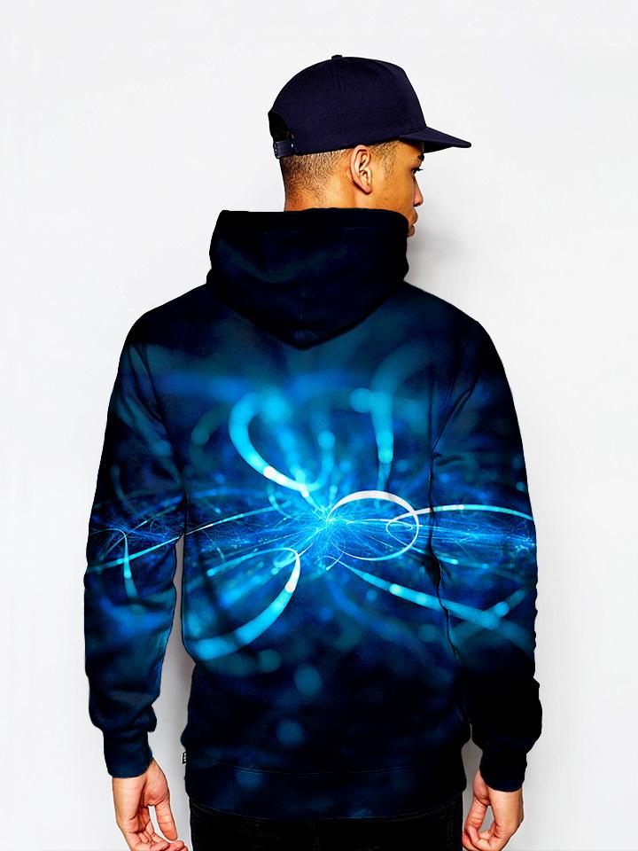 Model in black with blue swirls pullover hoodie back view