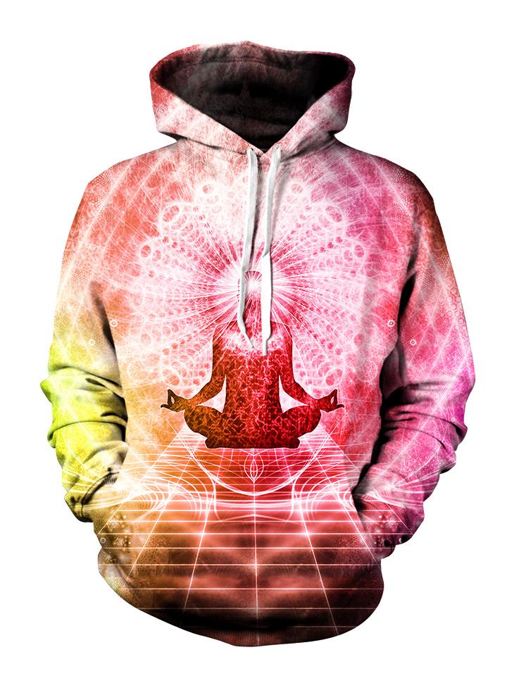 Pink and bright white enlightened being meditating pullover hoodie front view