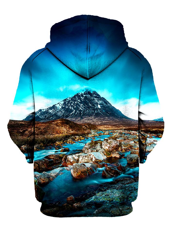 Blue sky, mountain and flowing river all over print pullover hoodie back view