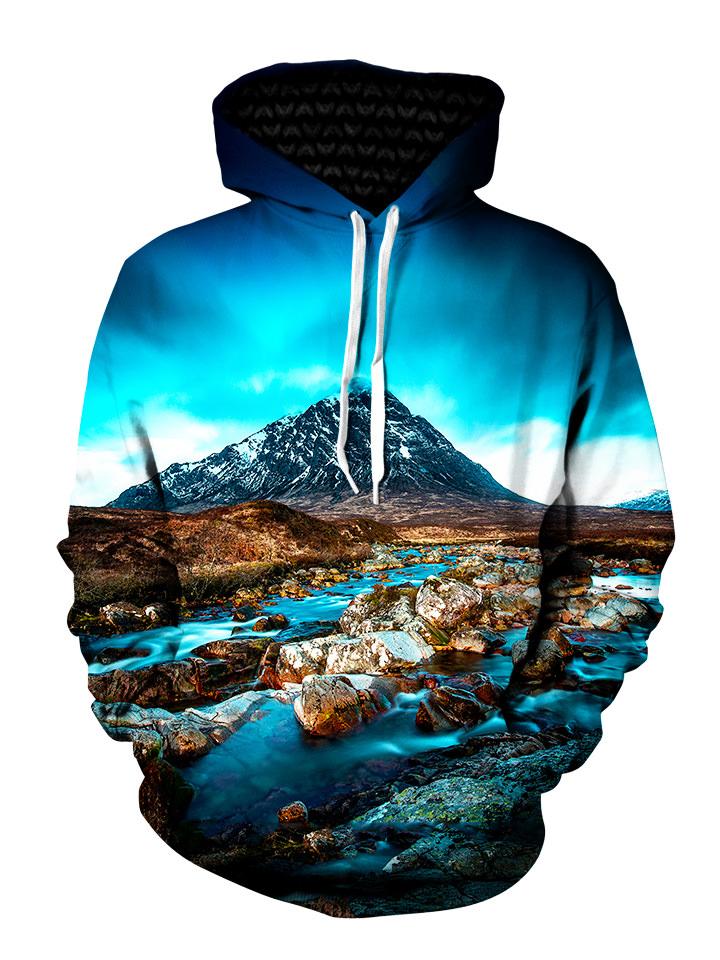 Blue sky, mountain and flowing river all over print pullover hoodie with white strings, front view