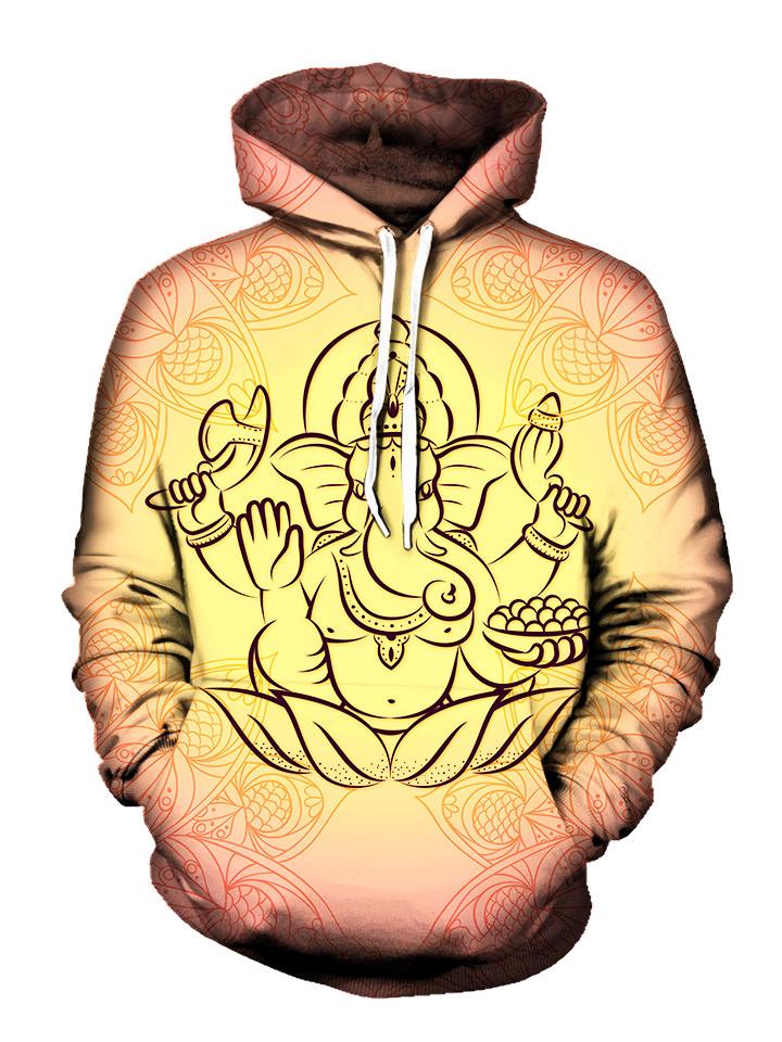 Ganesha on Peach Colored Pullover Hoodie With White Strings Front View