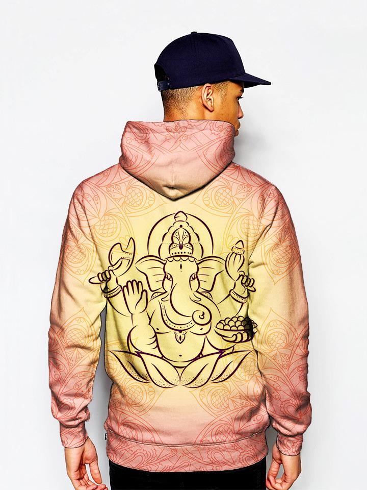 Model in peach pullover hoodie with ganesha print back view