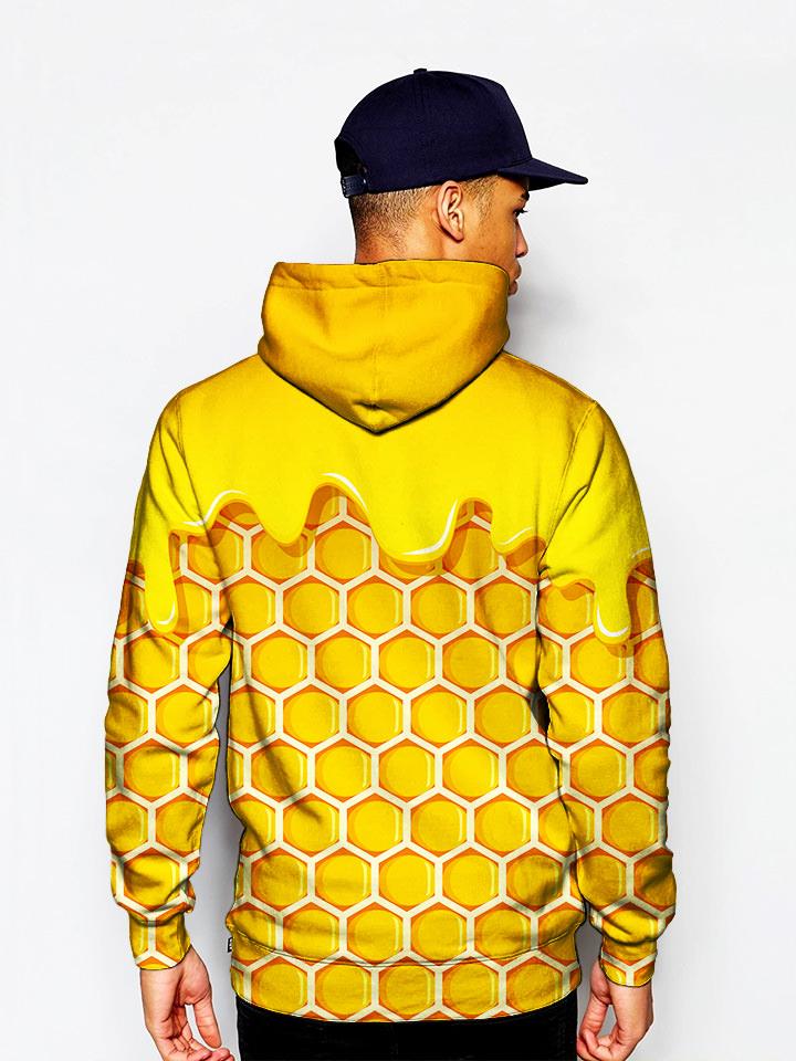 Model in yellow honeycomb all over print pullover hoodie back view