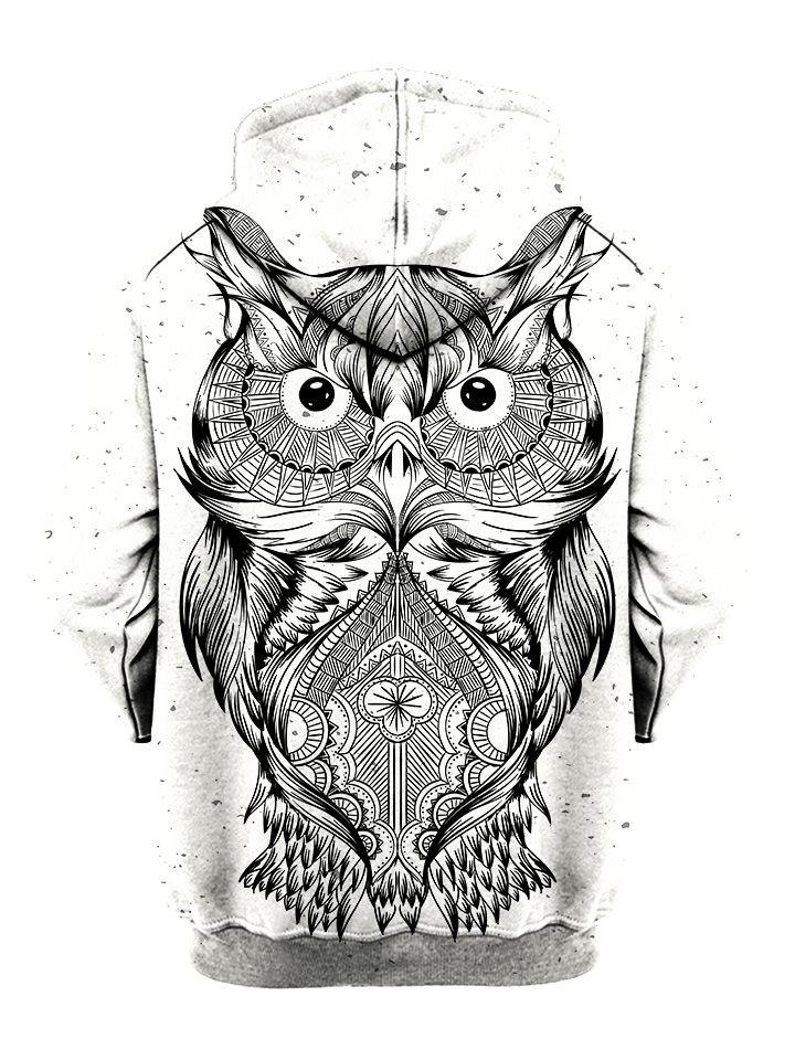 Trippy Black And White Owl Pullover Hoodie Back View