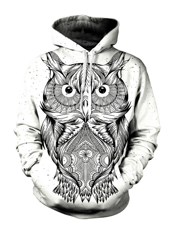 Trippy Black And White Owl Pullover Hoodie Front View