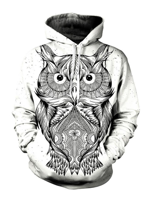 Trippy Black And White Owl Pullover Hoodie Front View