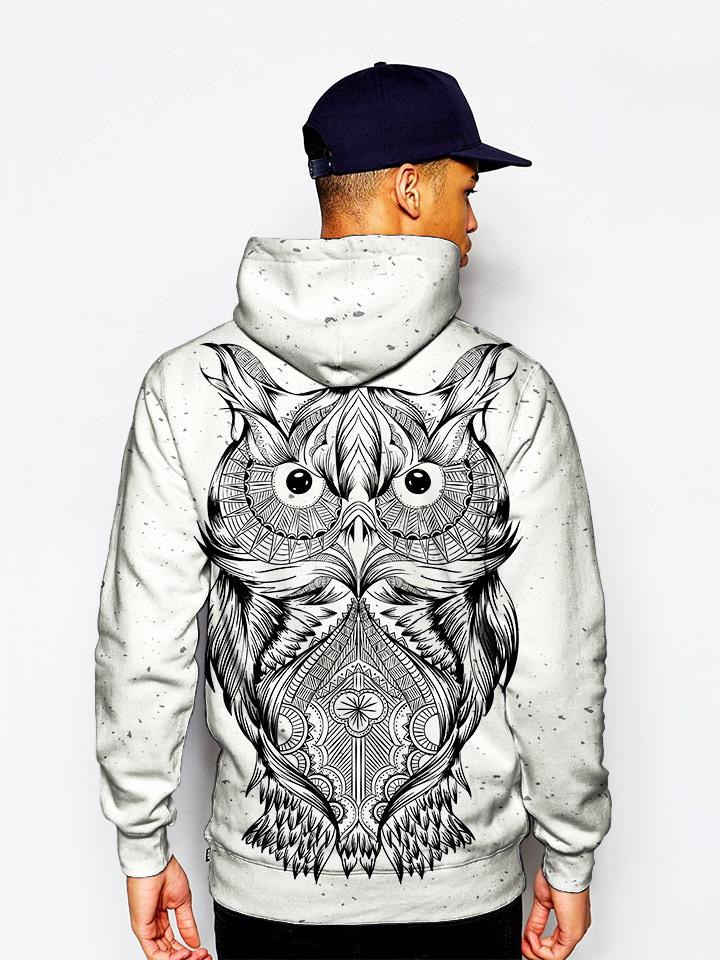Model In Trippy Black And White Owl Pullover Hoodie Back View