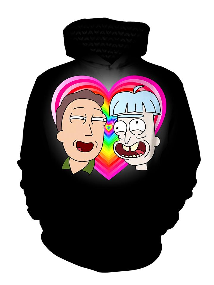 Colorful Jerry And Doofus Rick Stringless Pullover Hoodie Back View
