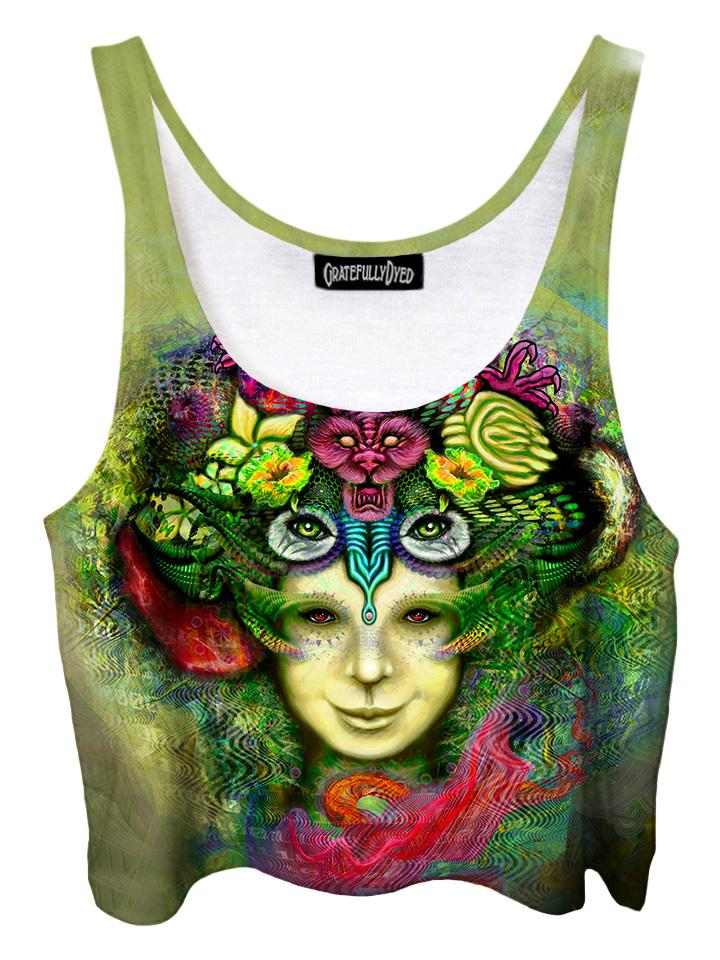 Trippy front view of GratefullyDyed Apparel green & red nature nymph crop top.