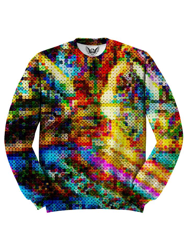 All over print rainbow blotter art unisex sweater by GratefullyDyed Apparel front view.
