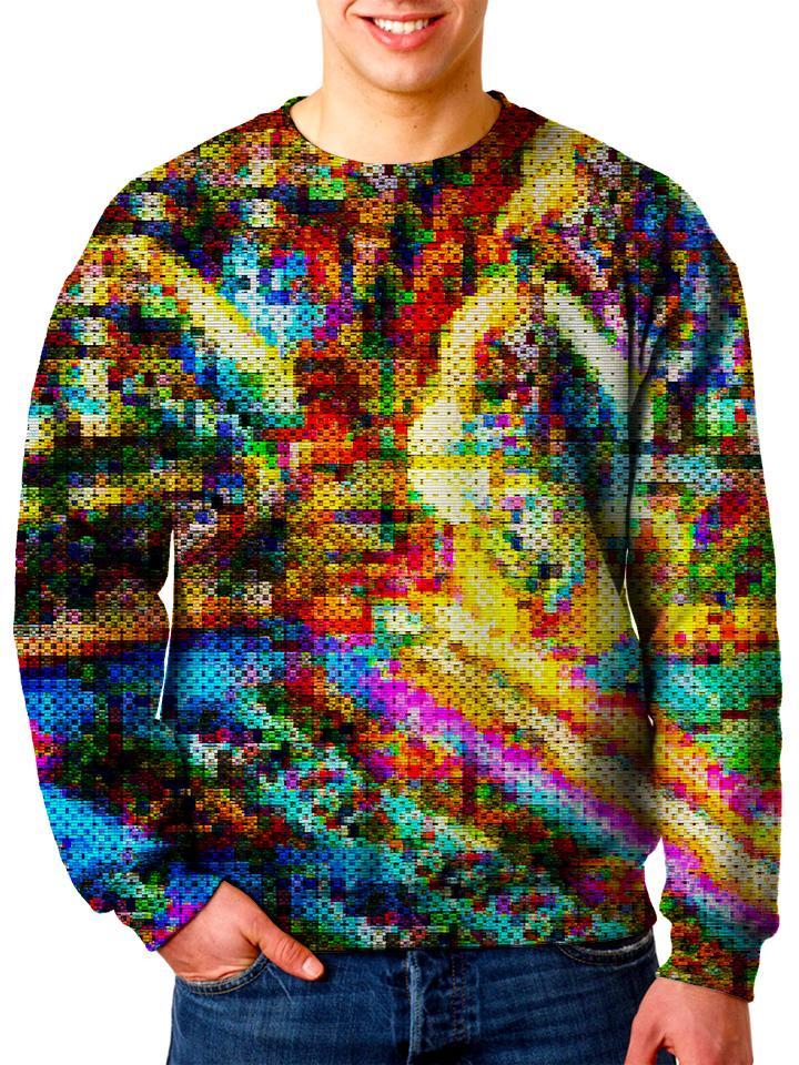 Model wearing Gratefully Dyed Apparel rainbow blotter art unisex sweater. 