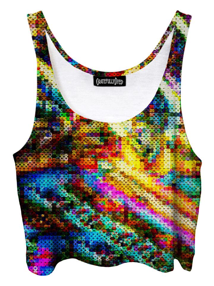 Trippy front view of GratefullyDyed Apparel rainbow blotter art crop top.