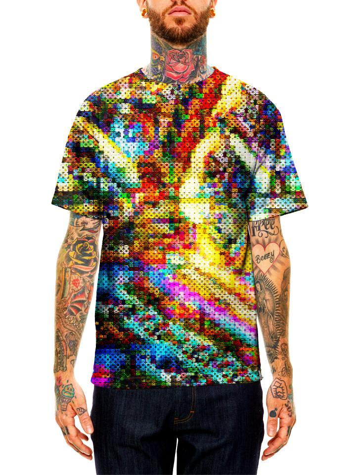 Model wearing GratefullyDyed apparel psychedelic blotter art unisex t-shirt.