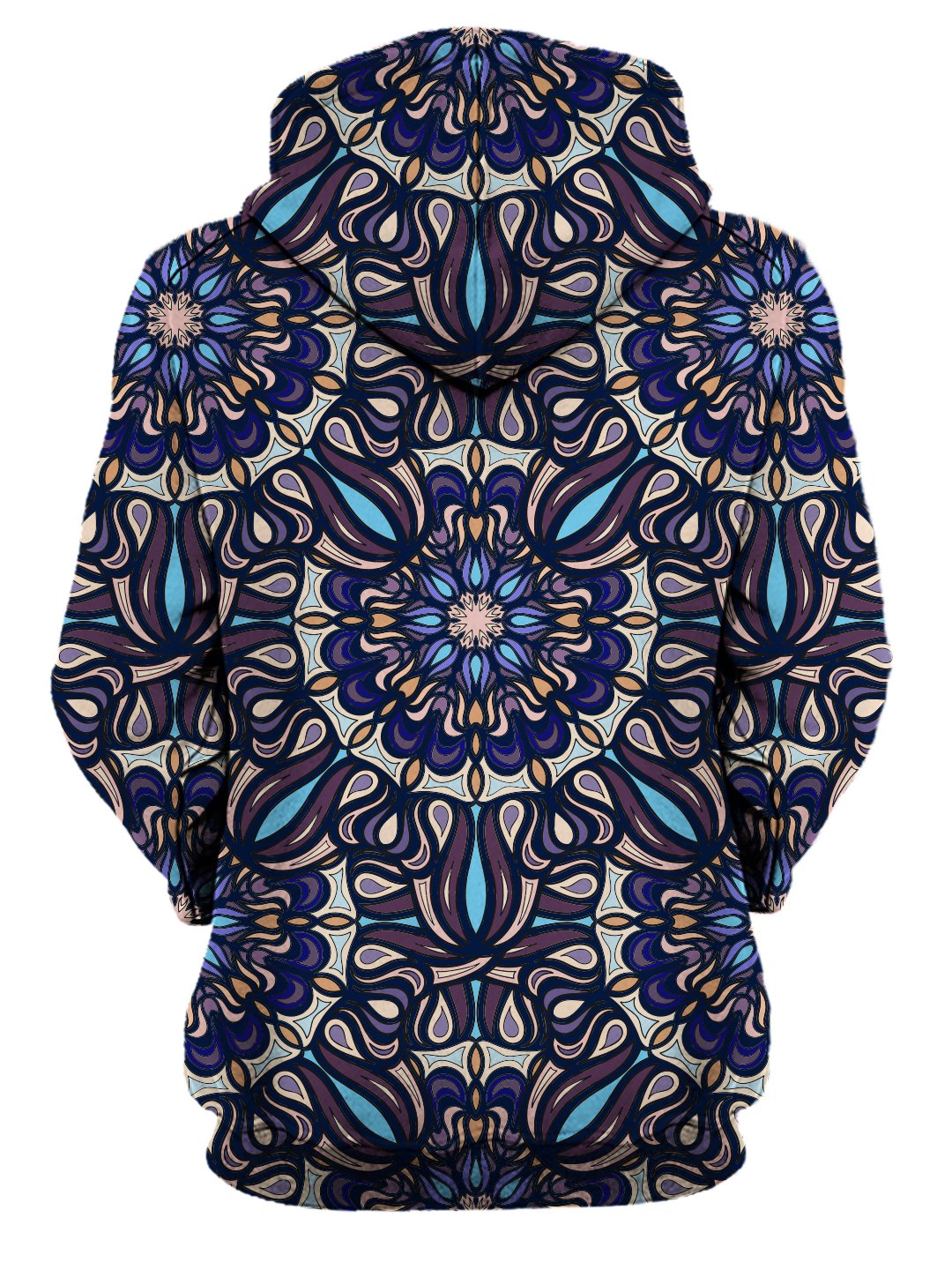 Rear of women's all over print blue, purple & orange psychedelic mandala hoody. 
