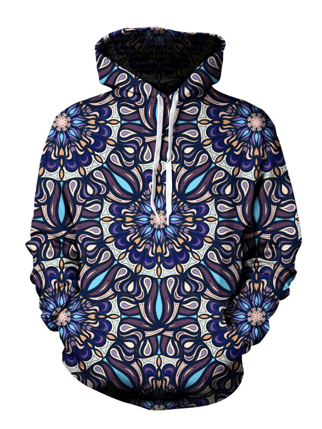 Men's blue, purple & orange psychedelic mandala pullover hoodie front view.
