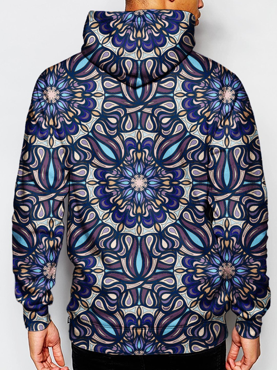 Model wearing GratefullyDyed Apparel psychedelic sacred geometry pullover hoodie.