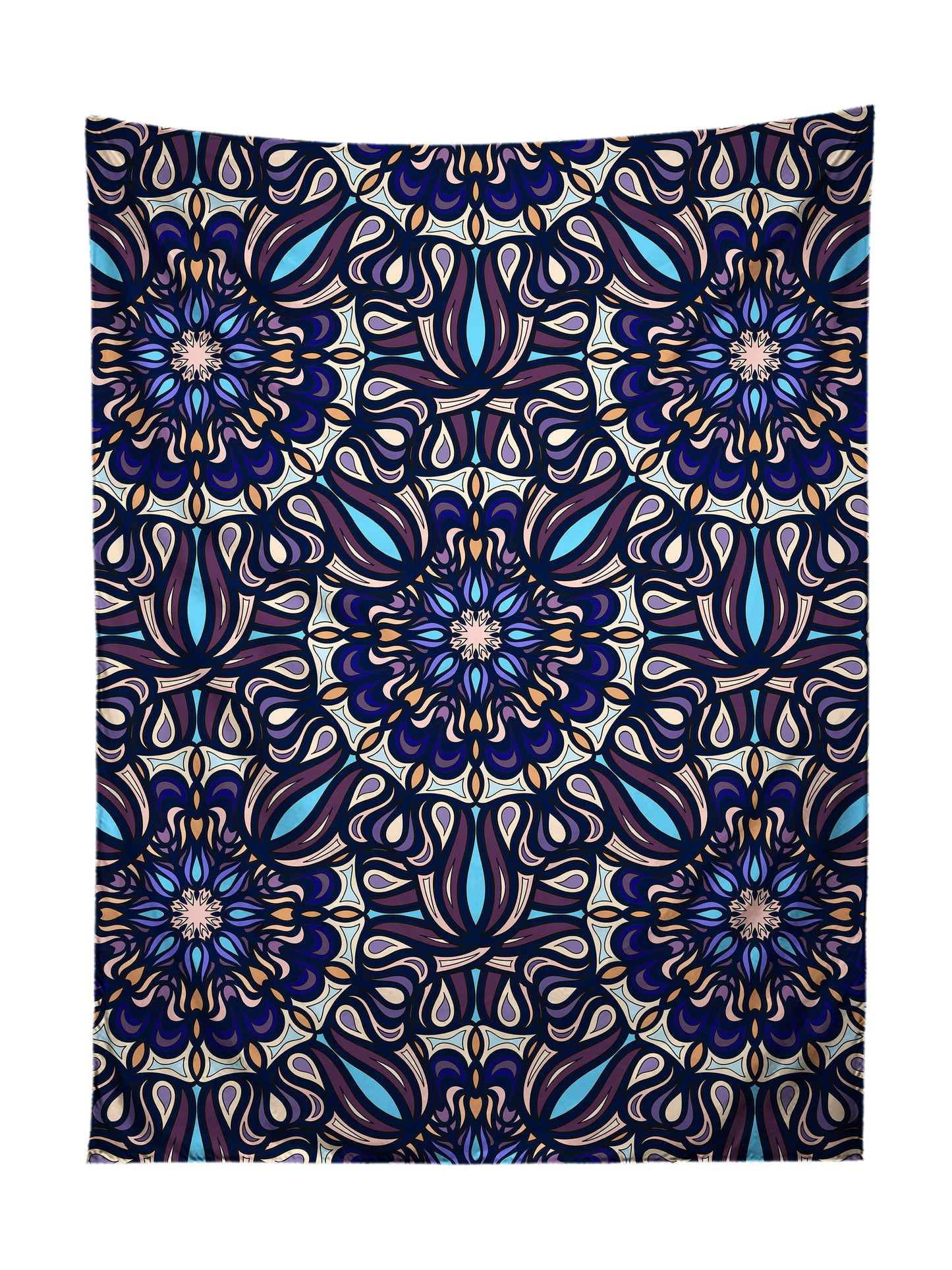 Vertical hanging view of all over print blue & white mandala tapestry by GratefullyDyed Apparel.