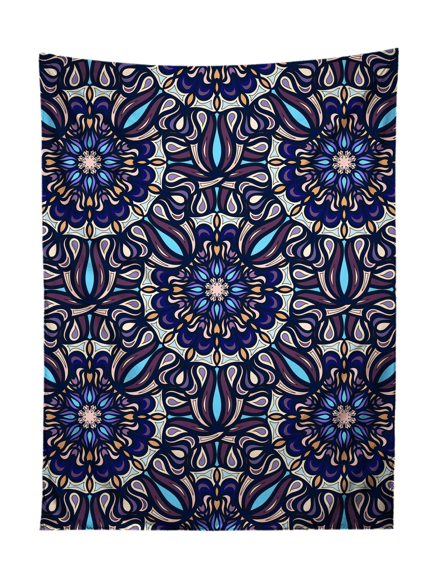Vertical hanging view of all over print blue & white mandala tapestry by GratefullyDyed Apparel.