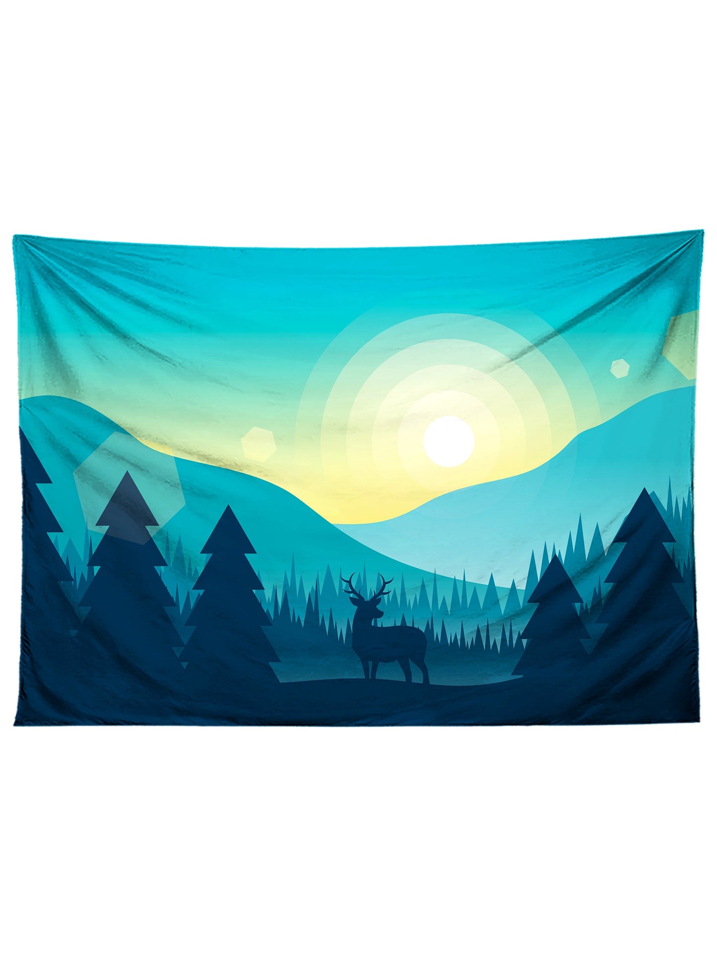 Horizontal hanging view of all over print blue mountain tapestry by GratefullyDyed Apparel.