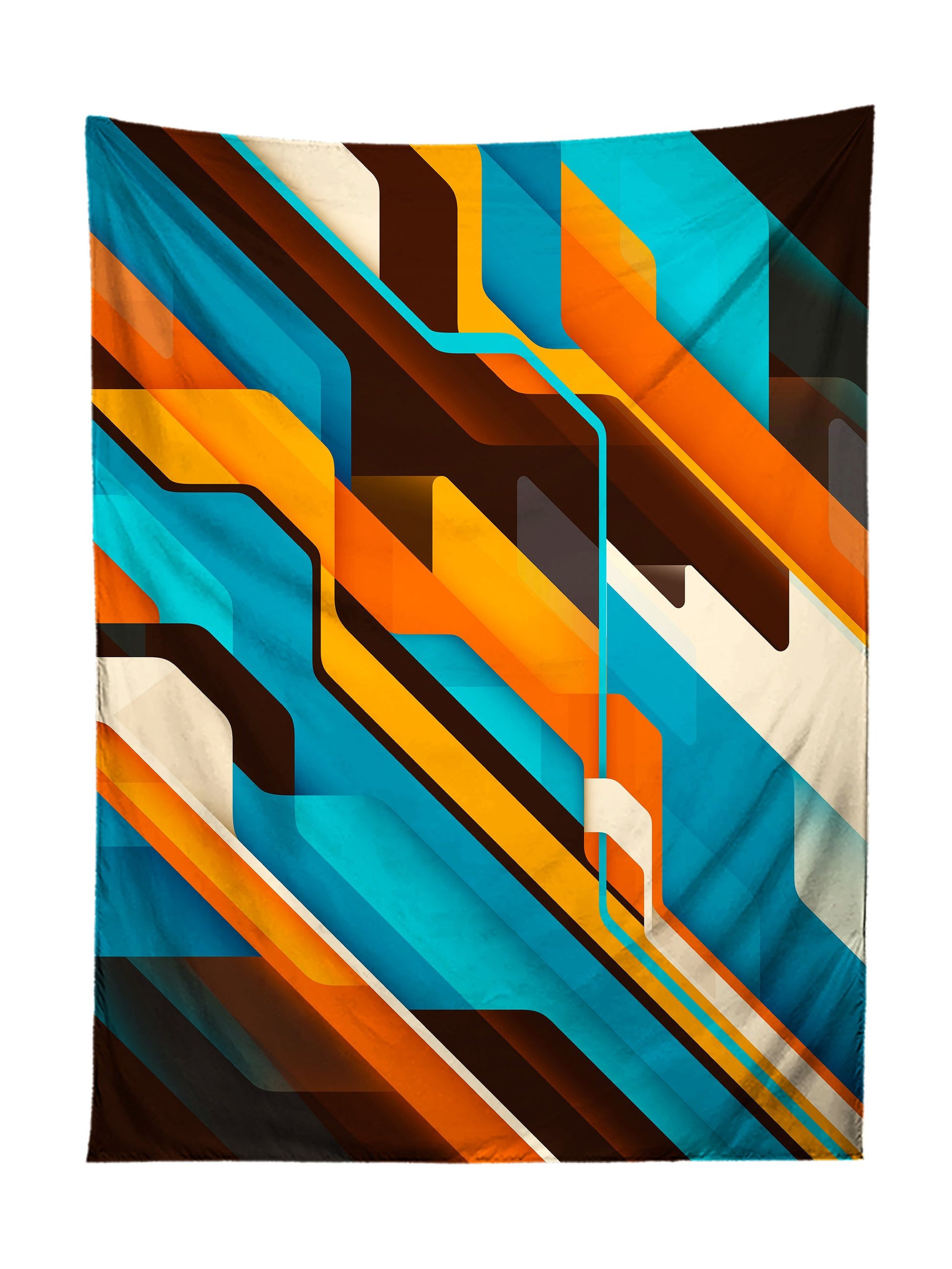 Vertical hanging view of all over print blue, orange & white abstract art tapestry by GratefullyDyed Apparel.
