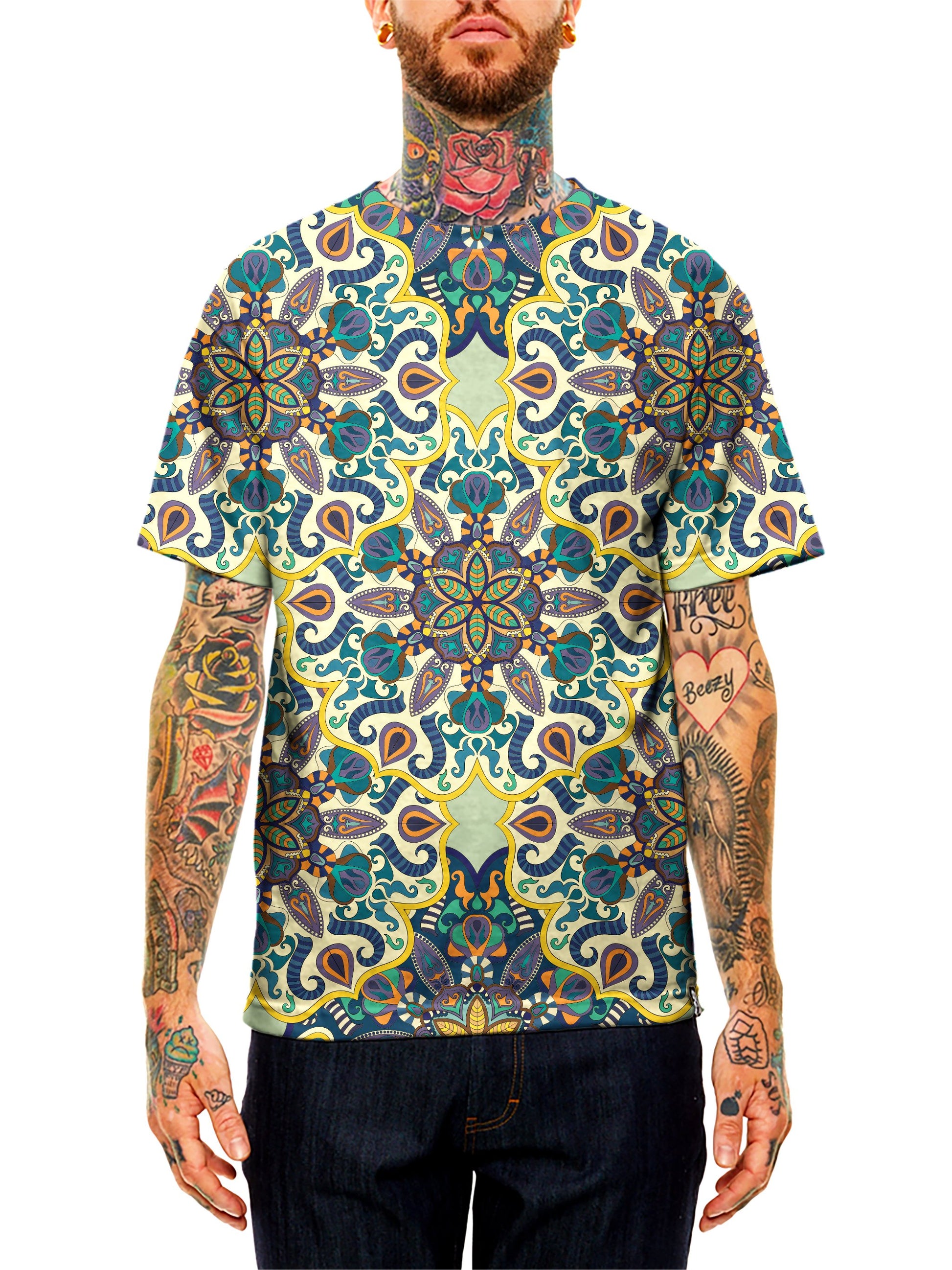 Model wearing GratefullyDyed Apparel green, blue, yellow & orange mandala unisex t-shirt.
