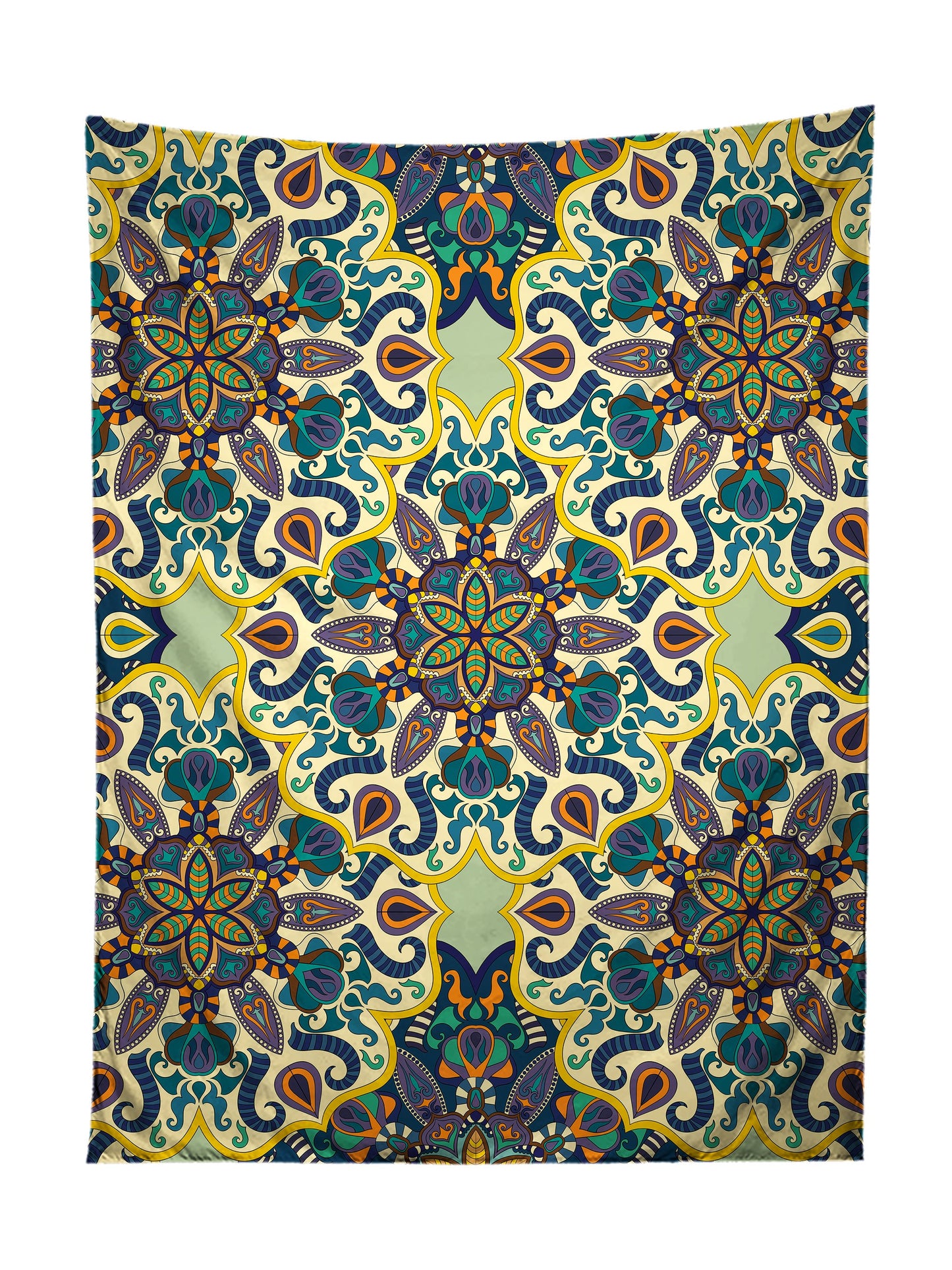 Vertical hanging view of all over print green & brown mandala tapestry by GratefullyDyed Apparel.