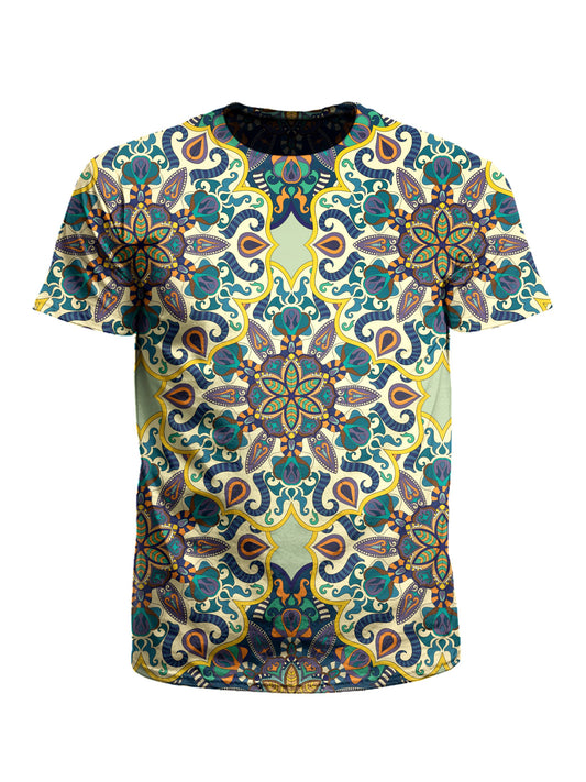 Men's green, blue, yellow & orange mandala unisex t-shirt front view.