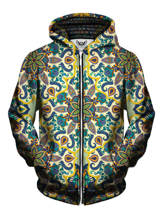 Men's yellow, purple, blue & orange pastel mandala zip-up hoodie front view.