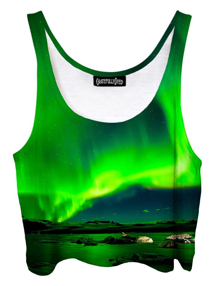 Trippy front view of GratefullyDyed Apparel green northern lights galaxy crop top.