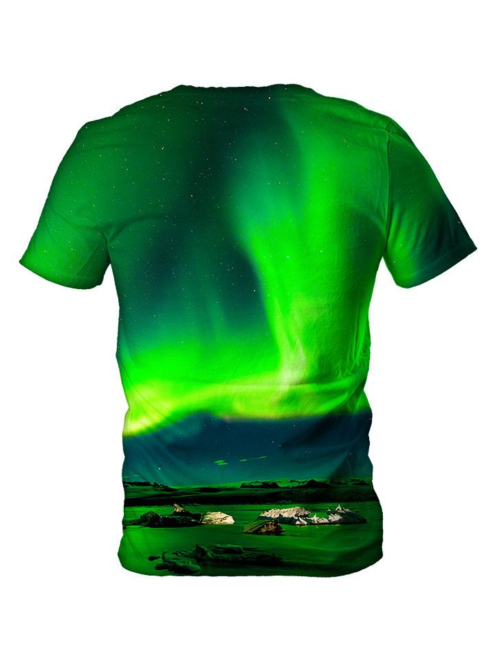 Back view of all over print psychedelic aurora borealis space t shirt by Gratefully Dyed Apparel. 