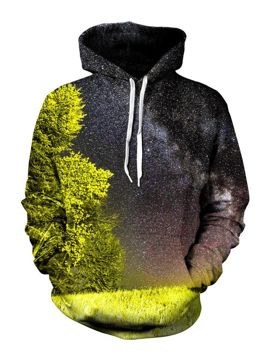 Men's yellow & black forest galaxy pullover hoodie front view.