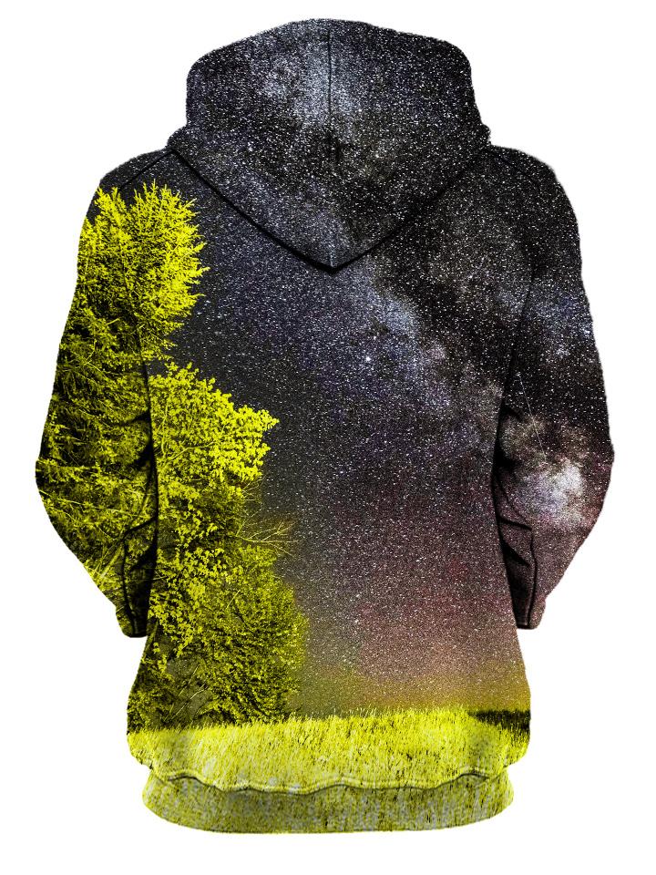 Rear of women's yellow & black space trees all over print hoody.