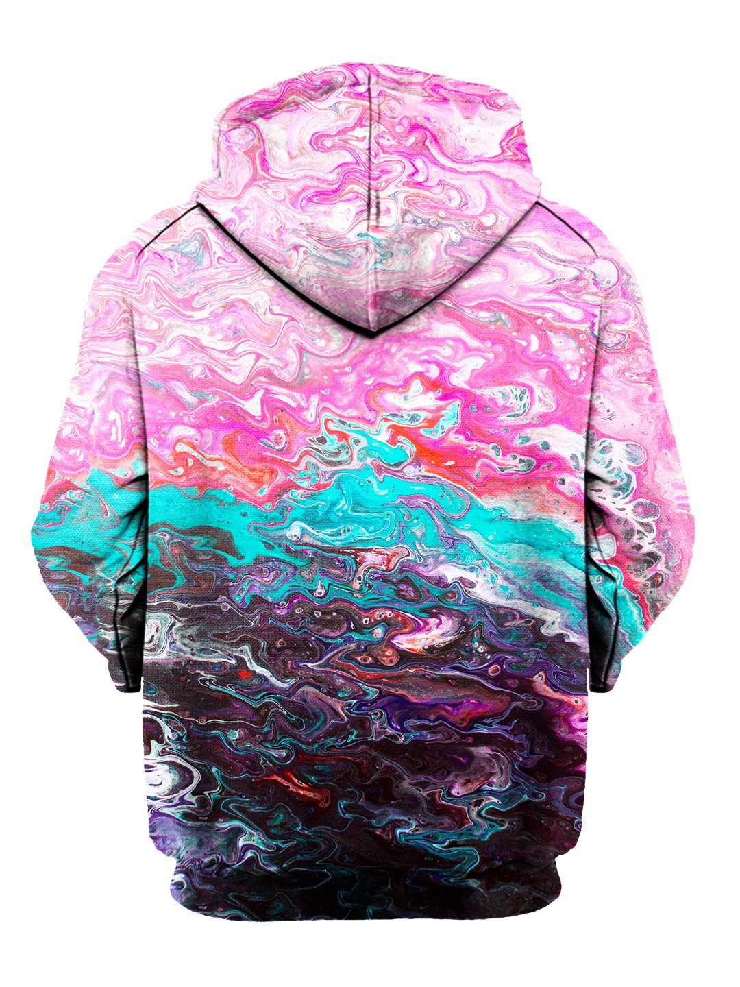 Back view of psychedelic marbling all over print hoody by Gratefully Dyed Apparel.
