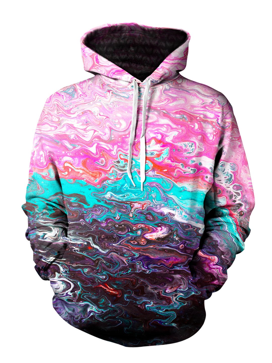 Men's pink, teal & black marbled paint pullover hoodie front view.