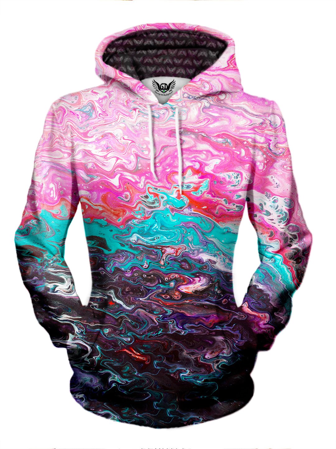 Women's front view of trippy marble painting pullover hoodie.