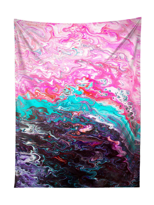 Vertical hanging view of all over print pink & teal marble painting tapestry by GratefullyDyed Apparel.