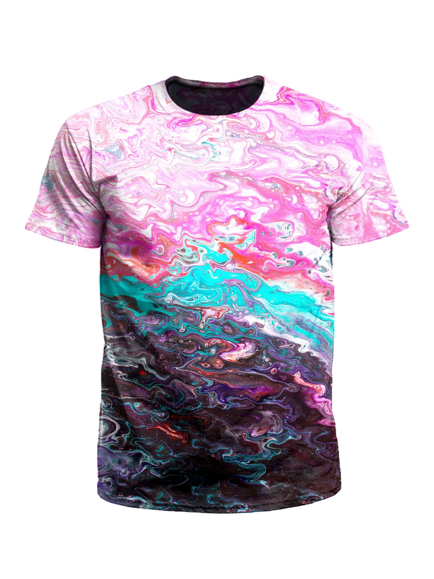 Men's pink, teal & black marble painting unisex t-shirt front view.