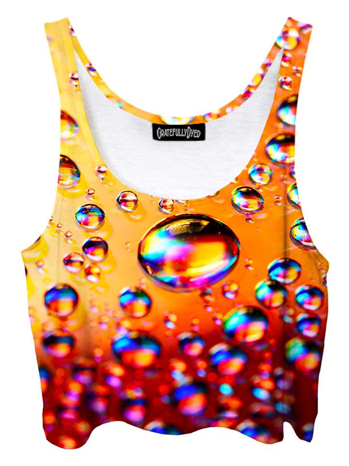 Trippy front view of GratefullyDyed Apparel orange, red & rainbow bubbles crop top.