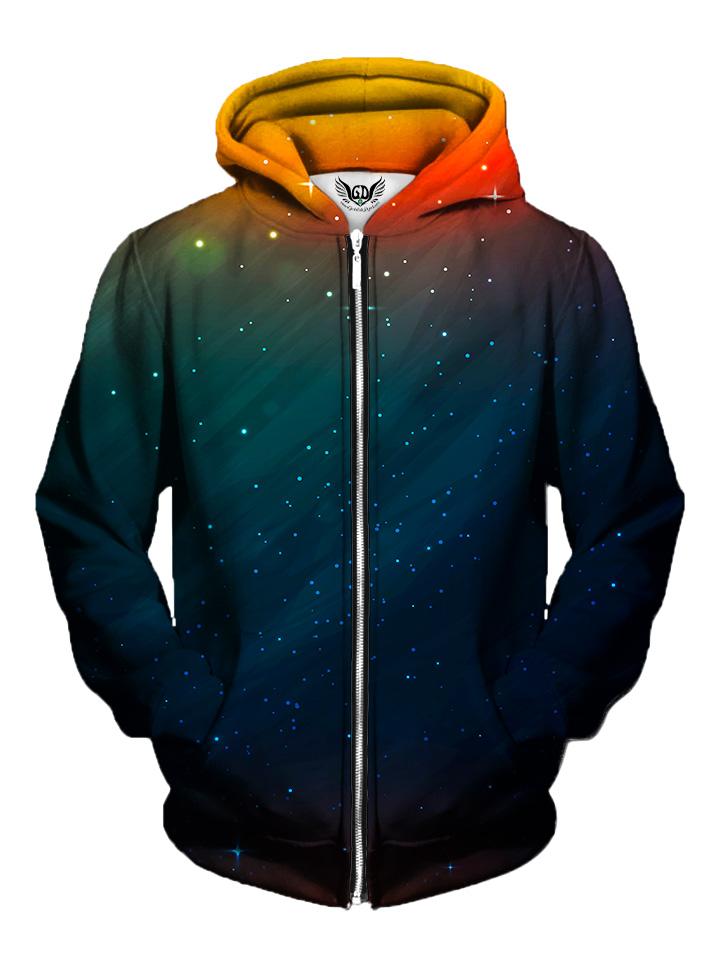 Men's orange & blue sunset galaxy zip-up hoodie front view.