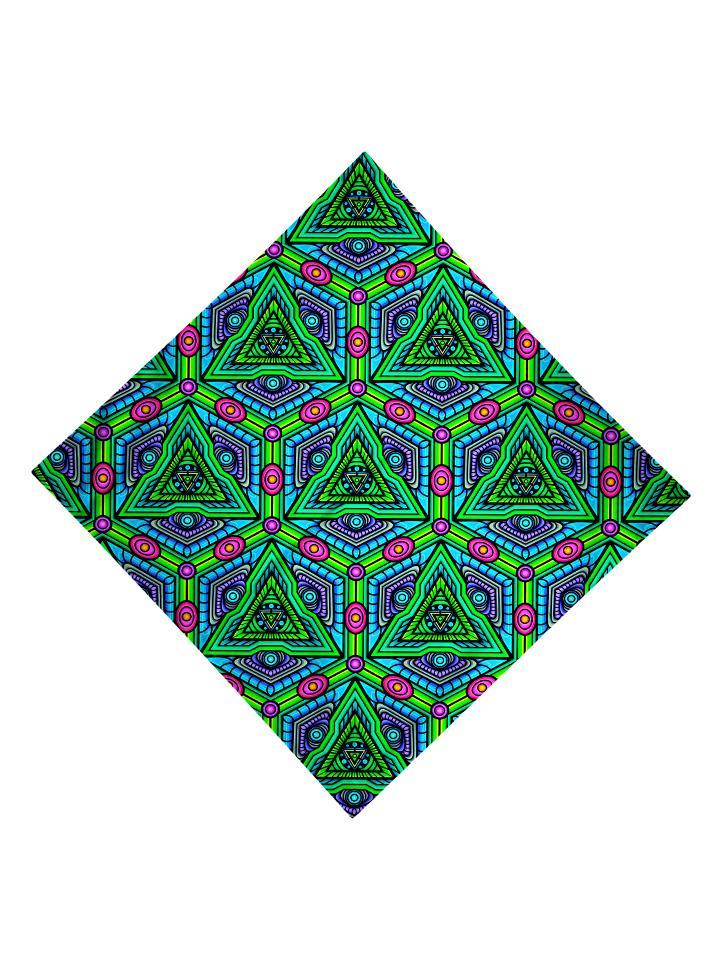 Trippy Gratefully Dyed Apparel green, purple & pink geometric fractal bandana flat view.