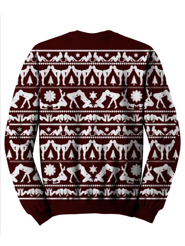 Back view of psychedelic naughty Christmas pullover sweat shirt. 
