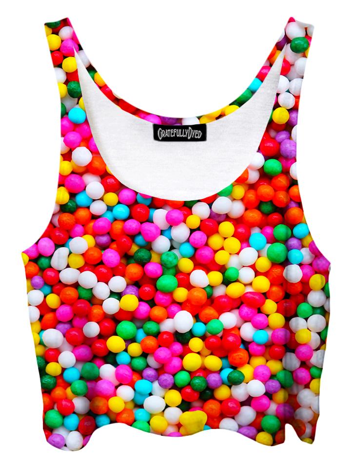 Trippy front view of GratefullyDyed Apparel rainbow candy sprinkles crop top.