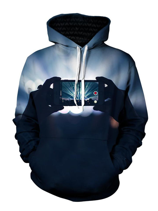 Men's gray & black smartphone capturing concert pullover hoodie front view.