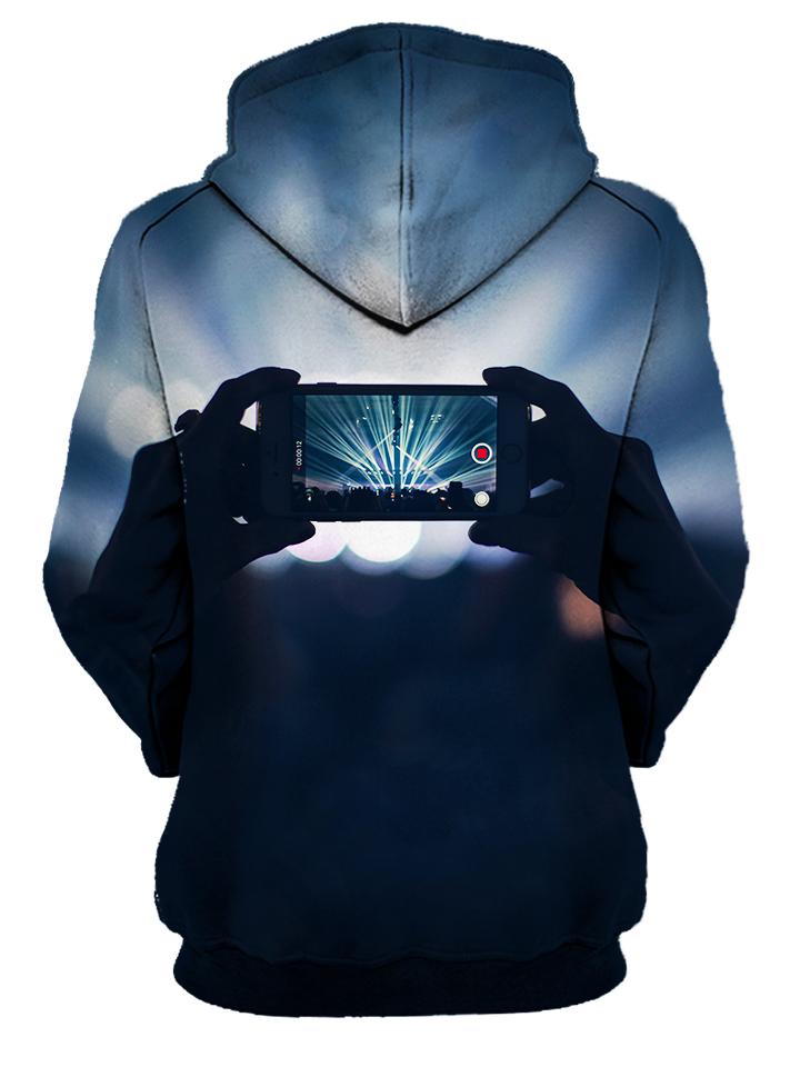 Rear of women's gray & black moments to share all over print hoody. 