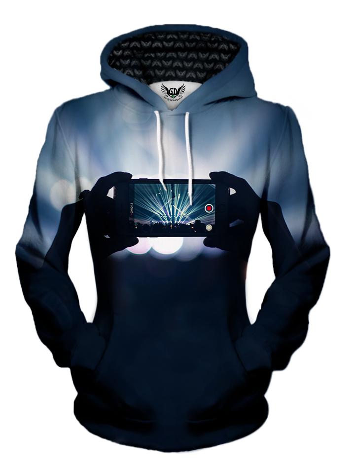 Women's front view of trippy smartphone captured moments pullover hoodie.