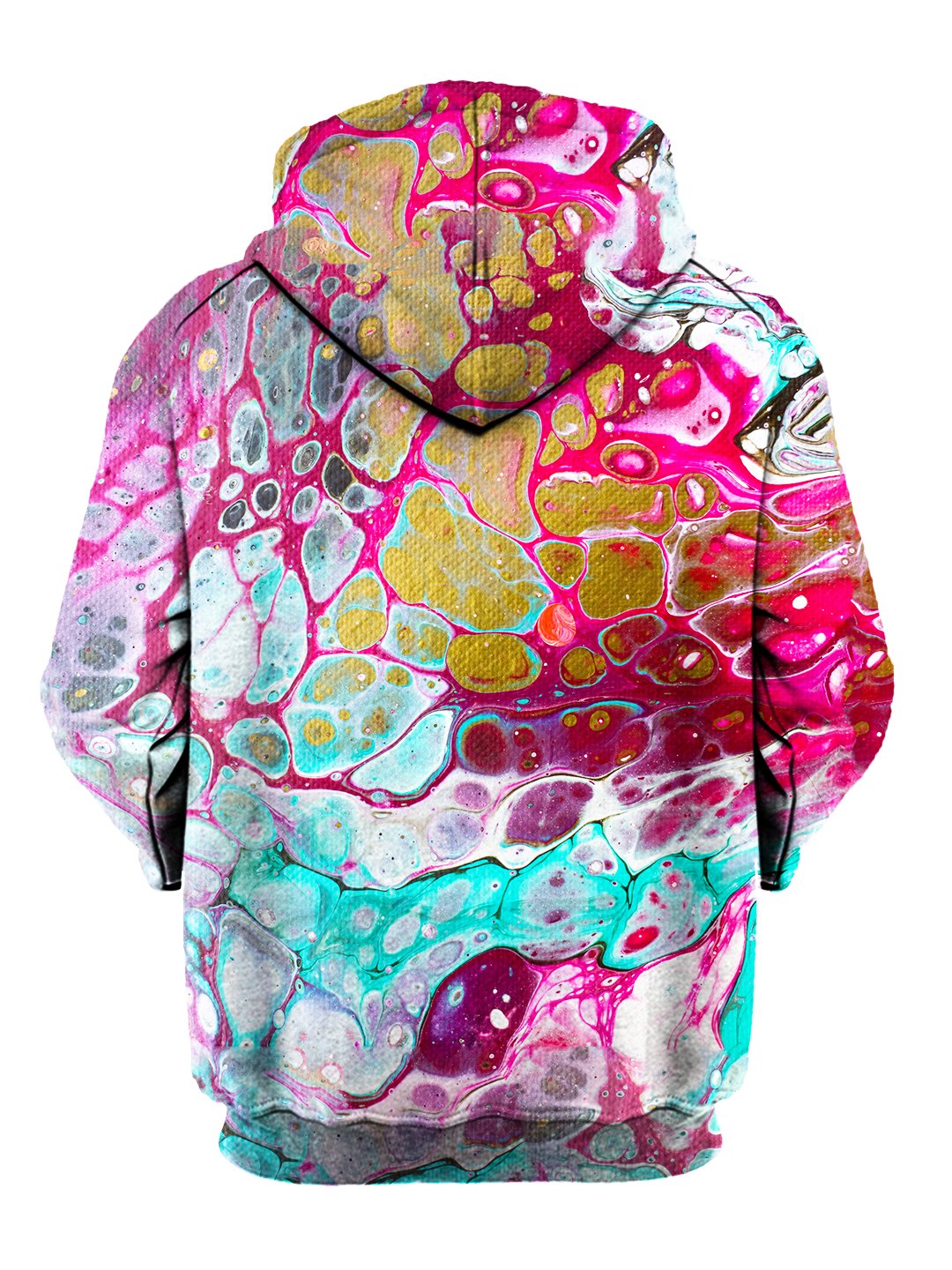 Back view of same psychedelic marbling all over print hoody by Gratefully Dyed Apparel. 