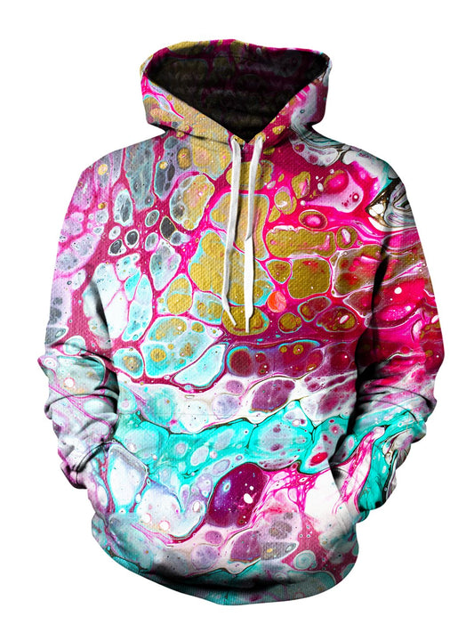 Men's pink, teal & gold marbled paint pullover hoodie front view.