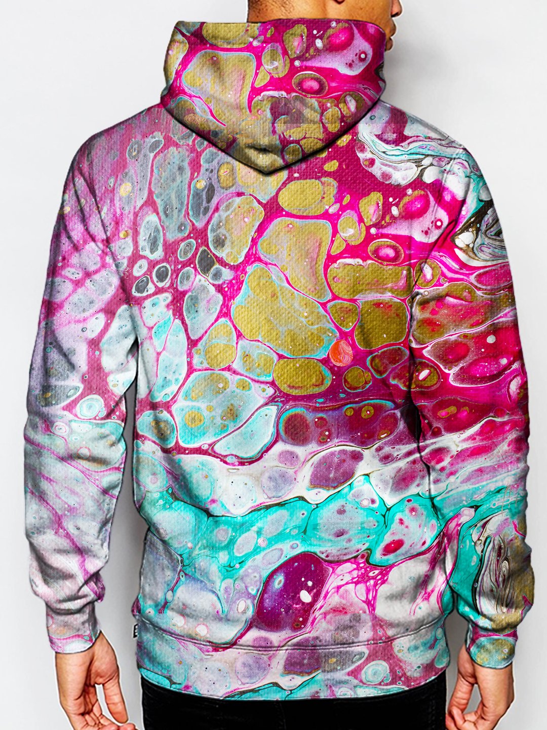 Model wearing GratefullyDyed Apparel psychedelic marbling hoodie.
