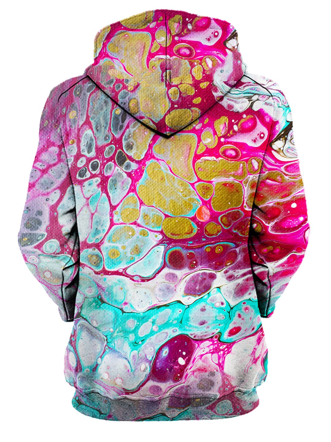 Rear of women's pink, teal & gold marbled paint hoody. 